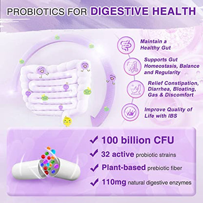 Probiotics for Women Digestive Health with Enzymes & Prebiotics 100 Billion | Vaginal Probiotics ZEBORAUS supplements