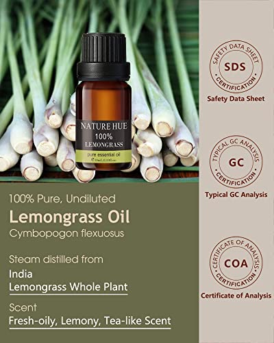 NATURE HUE Lemongrass Essential Oil - 10 mL (1/3 oz) - Pure, Natural, Therapeutic Grade NATURE HUEAu supplements