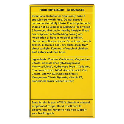 Vitl Bone & Joint Supplement - 60 Capsules - with Calcium, Manganese, Hydrolysed Type II Collagen & Turmeric - Maintenance for Joints, Bones VITLUS supplements