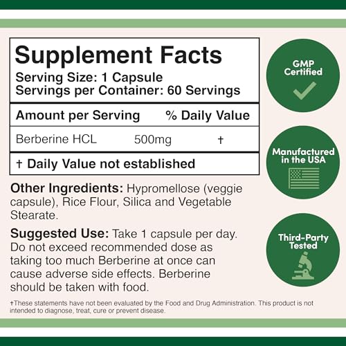 Berberine Supplement 500mg, 60 Capsules (Third Party Tested, Manufactured in The USA Double Wood SupplementsUS supplements