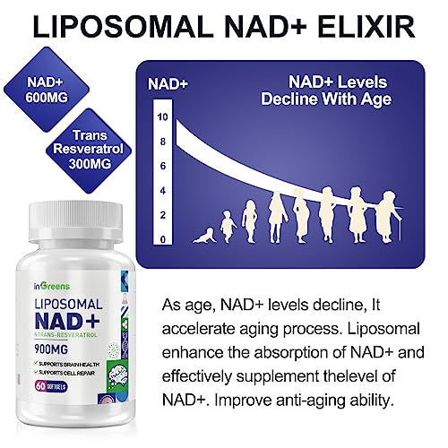 inGreens 900mg Liposomal NAD+ Supplement with 300mg Trans Resveratrol - Superior Absorption, Replaces NMN, Boost NAD+ for DNA Repair, Energy & Longevity, Aging Defense, 60 Softgels inGreensAu supplements
