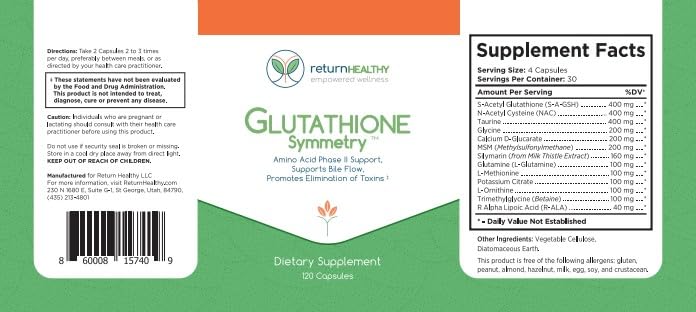 Return Healthy Glutathione Symmetry | S-Acetyl Glutathione Supplement | Antioxidants & Detoxification Supplement | Natural Cellular Support | All-Natural, Vegan, Non-GMO, 120 caps Return HealthyAu supplements