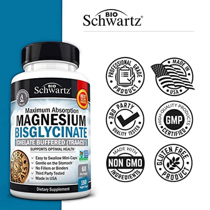 Magnesium Bisglycinate 100% Chelate No-Laxative Effect - Maximum Absorption BioSchwartzUS supplements