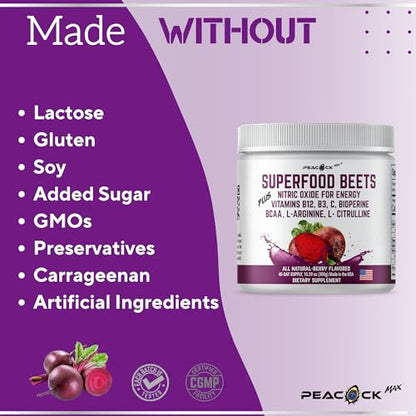 Peacock Max Superfoods Blend Immunity Support Vegan Gluten Free (Beets Nitric Oxide B12 Powder) Peacock MaxUS supplements
