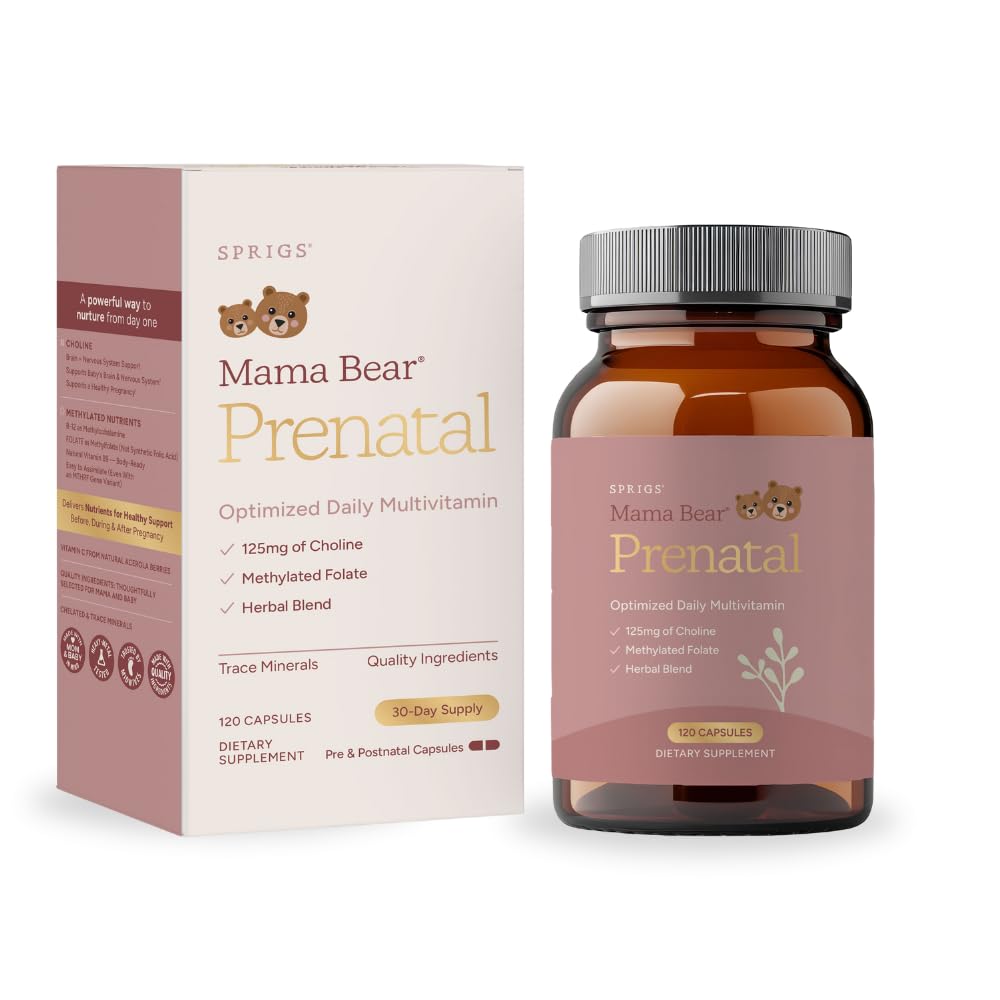 SPRIGS Mama Bear Prenatal Gold Multivitamin with Choline and Methylated Folate for Pregnancy Support Easy to Digest Prenatal Vitamins SPRIGSUS supplements