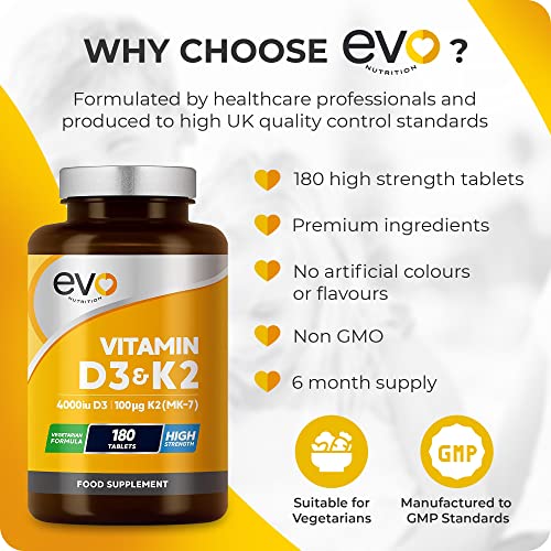 Vitamin D3 4000iu & Vitamin K2 100ug (MK7) |180 Vegetarian Tablets | 1-A-Day | 6 Month EVO NUTRITIONUS supplements