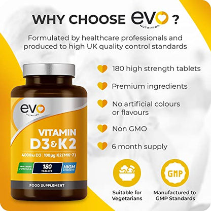 Vitamin D3 4000iu & Vitamin K2 100ug (MK7) |180 Vegetarian Tablets | 1-A-Day | 6 Month EVO NUTRITIONUS supplements