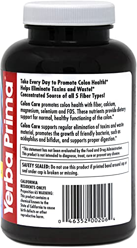 Yerba Prima Prebiotics Colon Care Fiber Caps, 180 Capsules - Five Forms of Fiber Plus FOS Yerba PrimaUS supplements