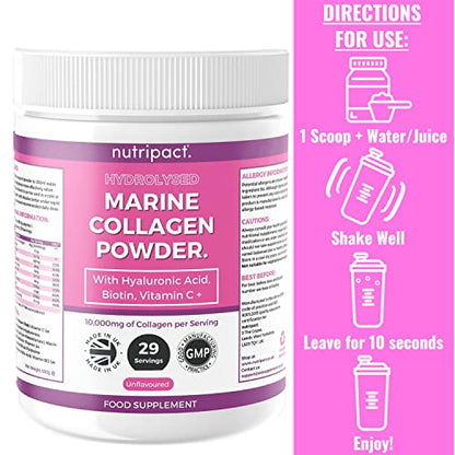 Hydrolysed Marine Collagen Peptides Powder with Hyaluronic Acid, Biotin, Vitamin C & B Vitamins – 10,000mg Collagen nutripactUS supplements