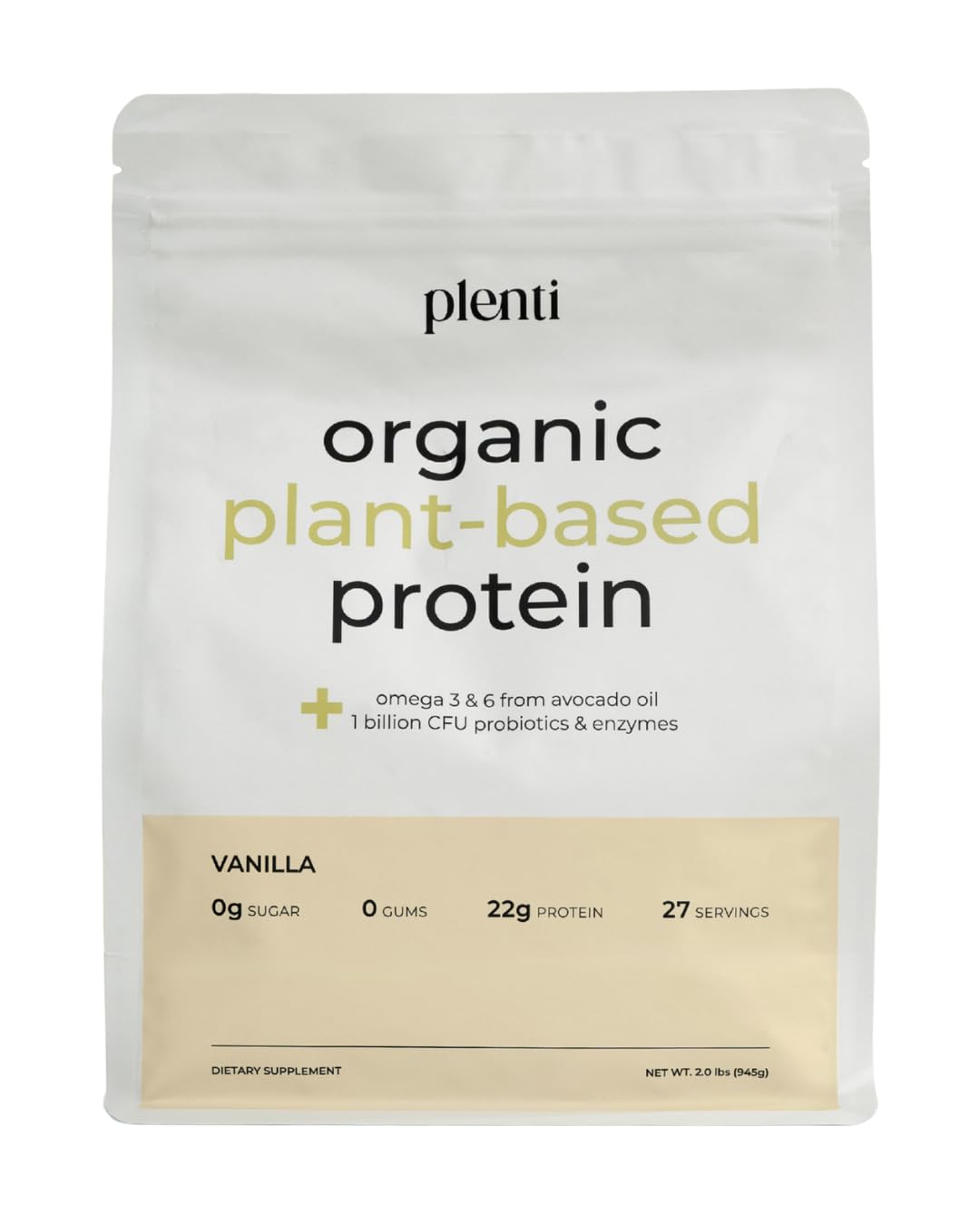plenti Organic Plant-Based Protein Powder: Vanilla - 20g Pea Protein + Probiotics, Digestive Enzymes & Omega 3-6, Gut Friendly, Sugar Free, 27 Servings (2 lbs) plentiAu supplements