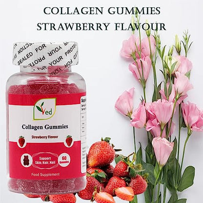 Ved Collagen Gummies; Chew Gummies Strawberry Flavour, Raw Unfiltered Collagen Gummies VedUS supplements