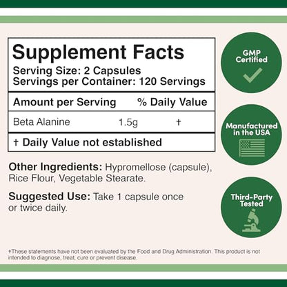 Beta Alanine Powder Capsules (Bulk Jar 240 Pills, 1.5 Gram Servings) Stimulant Free Pre Double Wood SupplementsUS supplements