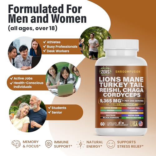 Zeus Naturals Lions Mane Capsules, Mushroom Supplement with Turkey Tail, Cordyceps Zeus NaturalsUS supplements