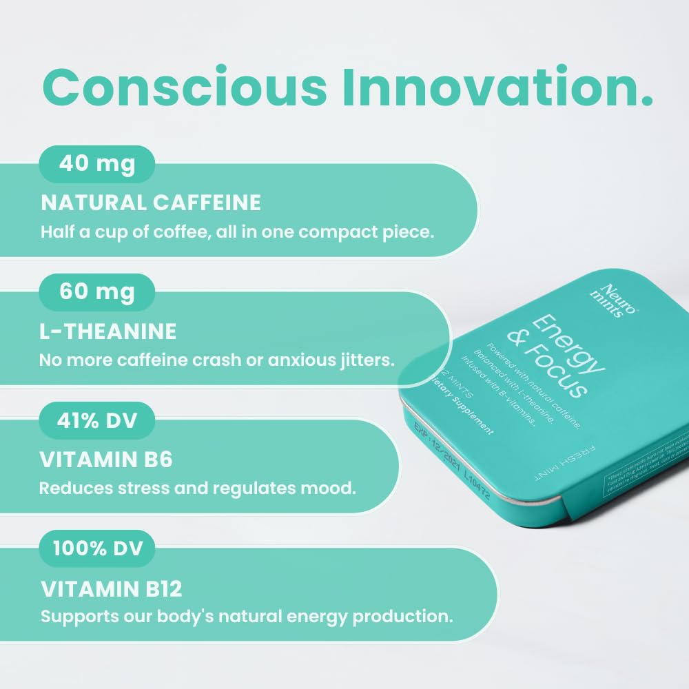 Neuro Energy & Focus Mints - Sugar Free Breath Mints with 40mg Natural Caffeine, B Vitamins & L-Theanine - Vegan Brain Supplement for Exercise, Study & Daily Focus - Peppermint, 12 ct NeuroAu supplements