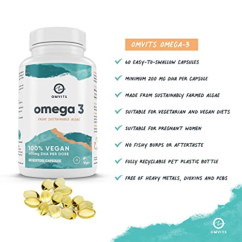 Omvits Vegan Omega 3 DHA from Algae Oil 1000mg - 60 Softgel Capsules with Vitamin E OmvitsUS supplements
