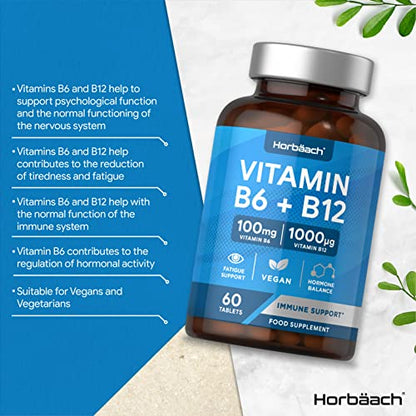 Vitamin B6 and B12 Tablets High Strength | 60 Count | with 100mg of Vitamin B6 HorbäachUS supplements