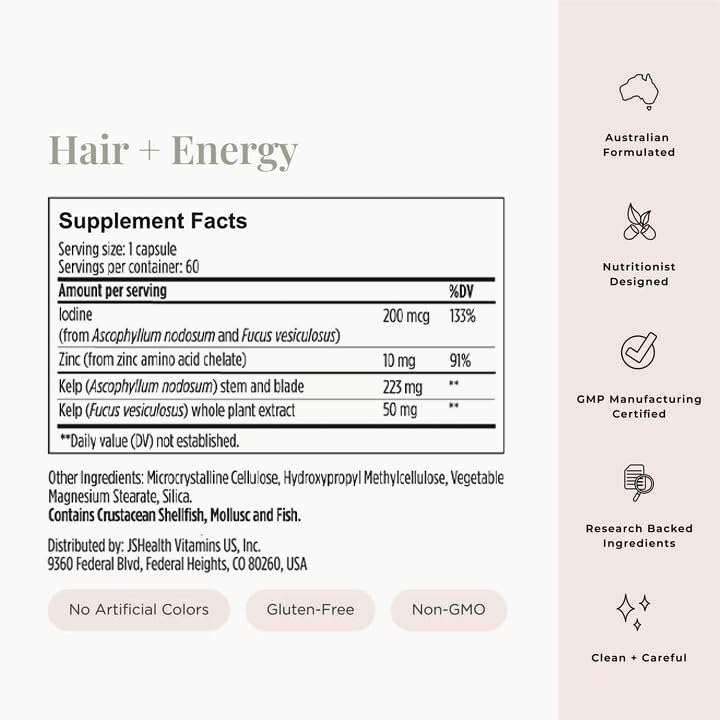 JSHealth Hair Growth Vitamins for Women. Hair + Energy with Kelp Iodine and Zinc. Supports Thickness, Strength, Energy. Nutritionist-Formulated (60 Capsules) JSHealthAu supplements
