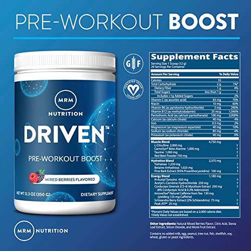 MRM Nutrition Driven Pre-Workout Powder | Mixed Berry Flavored | 125mg Caffeine | Pure MRMAu supplements