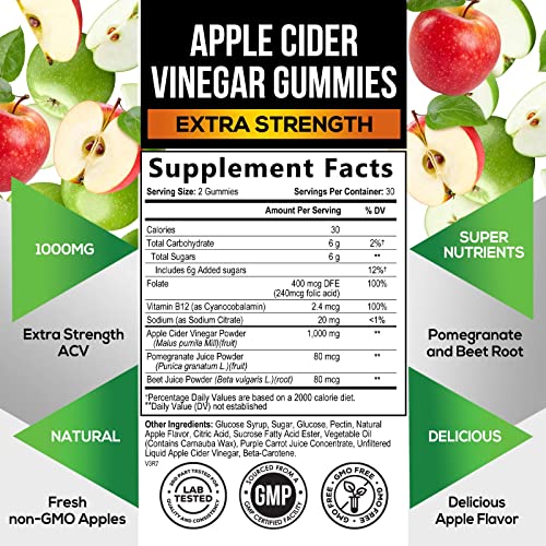 Vegan Apple Cider Vinegar Gummies | Max Strength 1000mg | ACV Supplement Gummy for Adults Health Nutrition NaturalsUS supplements