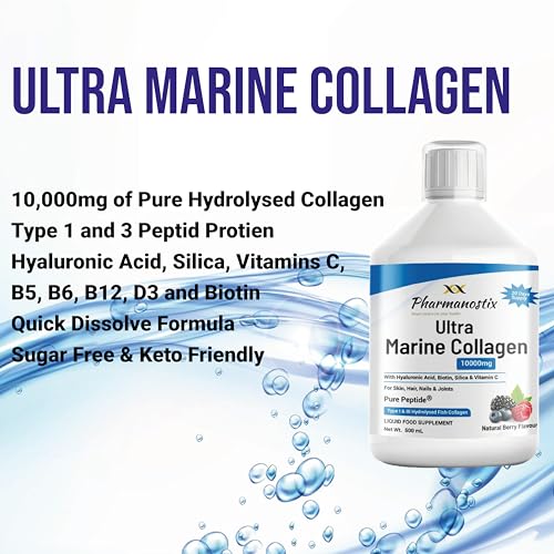 Marine Collagen Liquid 10000mg Sugar Free Berry Flavour, Hydrolysed Peptides, Hyaluronic Acid, Biotin, Silica, Vitamin C, Healthy Skin PharmanostixAu supplements