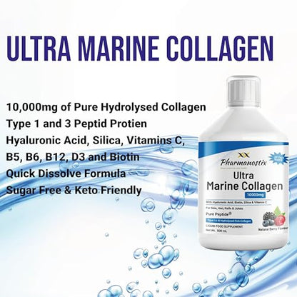 Marine Collagen Liquid 10000mg Sugar Free Berry Flavour, Hydrolysed Peptides, Hyaluronic Acid, Biotin, Silica, Vitamin C, Healthy Skin PharmanostixUS supplements