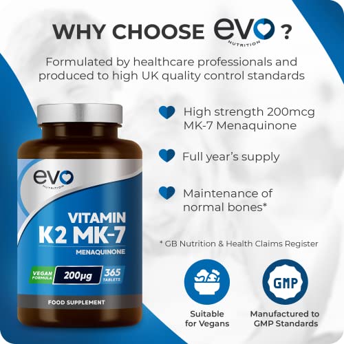 EVO NUTRITION Vitamin K2 MK-7 200mcg | 365 Vegetarian and Vegan Tablets EVO NUTRITIONUS supplements