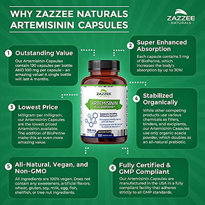 Zazzee High Absorption Artemisinin, 100 mg per Capsule, 120 Vegan Capsules, with 5 mg ZazzeeUS supplements