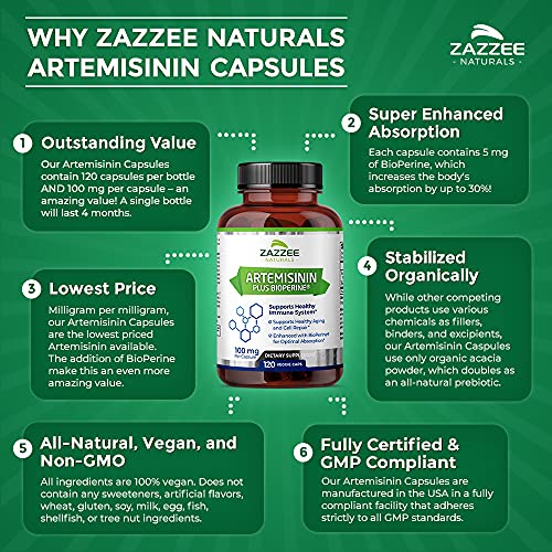 Zazzee High Absorption Artemisinin, 100 mg per Capsule, 120 Vegan Capsules, with 5 mg ZazzeeUS supplements