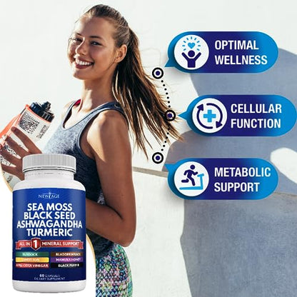 Silica Sea Moss 3000mg Black Seed Oil 2000mg Ashwagandha 1000mg Turmeric 1000mg NEW AGEUS supplements