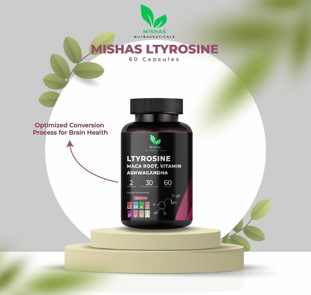 Mishas Nutraceuticals L-Tyrosine with Maca Root, Ashwagandha & Vitamins Complex – Energy, Mental Focus, Stress Relief & Immunity Support – 60 Capsules (30 Servings) MishasAu supplements