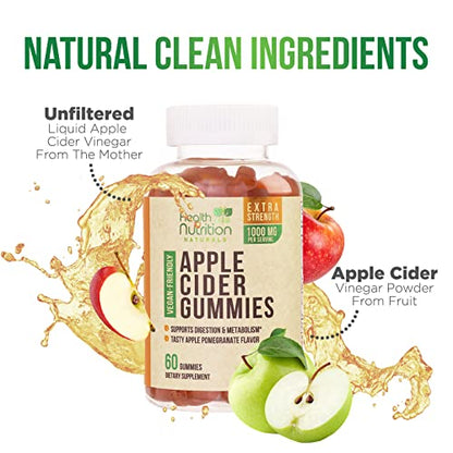 Vegan Apple Cider Vinegar Gummies | Max Strength 1000mg | ACV Supplement Gummy for Adults Health Nutrition NaturalsUS supplements
