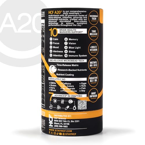 HCF A20 Microbead Brain Health Supplements for Adults for Memory, Focus, Calm, Mood, Alertness, Attention, Vision, Sleep, Immune System, 20 Premium Nootropic Nutrients Multivitamin & 7 Advances® Tech HCFAu supplements