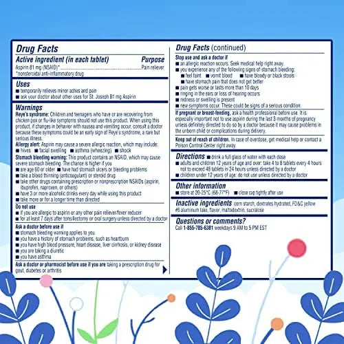 St. Joseph Aspirin Pain Reliever (NSAID) 81mg, Chewable Orange Tablets Adult Low Dose Regimen , 108 ct (3 x 36 ct Tablets per Bottle) St. JosephAu supplements