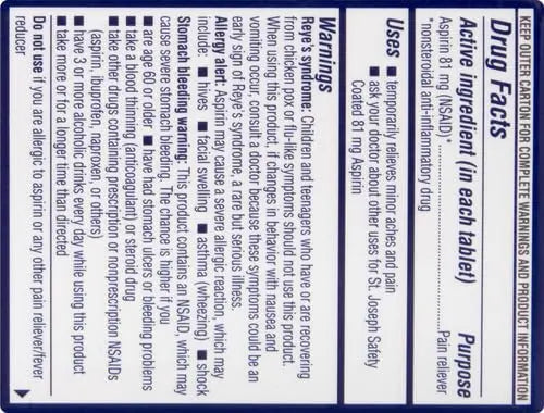 St. Joseph Aspirin Pain Reliever (NSAID) 81mg, Enteric Safety Coated, Adult Low Dose Regimen, 36 ct St. JosephAu supplements