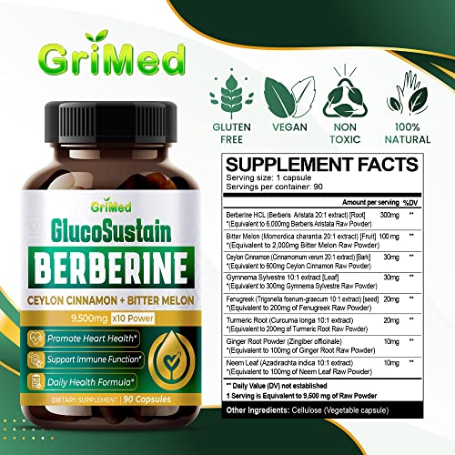 GriMed Berberine Supplement 9,500mg with Ceylon Cinnamon Bitter Melon Supports Healthy GriMedUS supplements