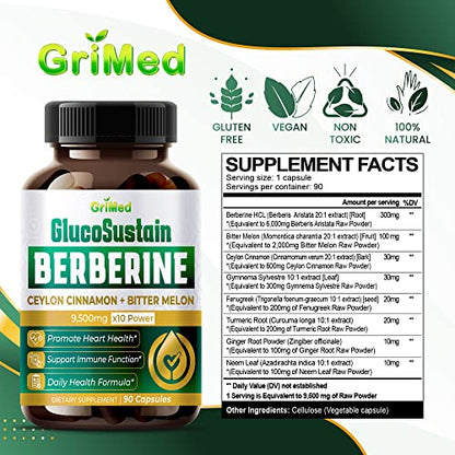 GriMed Berberine Supplement 9,500mg with Ceylon Cinnamon Bitter Melon Supports Healthy GriMedUS supplements