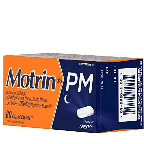 Motrin PM Caplets with 200 mg Ibuprofen & 38 mg Diphenhydramine Sleep Aid, Nighttime Pain Reliever for Minor Aches & Pains, Bulk, 80 ct MotrinAu supplements