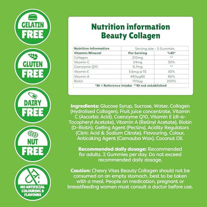 Chewy Vites Beauty Collagen 60 Gummy Vitamins |Hydrolised Collagen, CoQ10, Biotin + Vitamins | 1 Month Supply | Real Fruit Juice | Berry Flavour | 2-a-Day | CHEWY VITESUS supplements