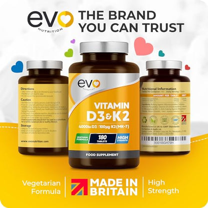 Vitamin D3 4000iu & Vitamin K2 100ug (MK7) |180 Vegetarian Tablets | 1-A-Day | 6 Month EVO NUTRITIONUS supplements