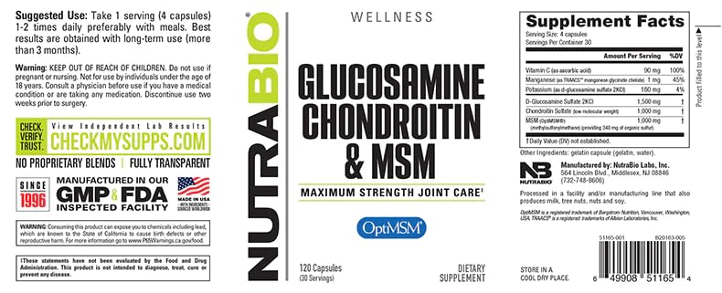 NutraBio Glucosamine Chondroitin & OptiMSM Supplement, Joint Support Formula - 120 Capsules (120 Count) NutraBioAu supplements
