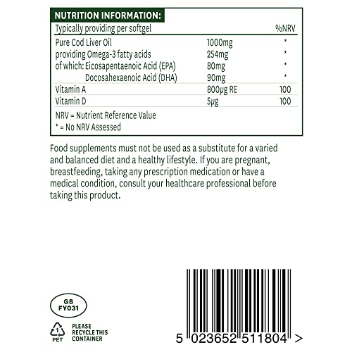 Natures Aid Cod Liver Oil, 1000 mg, 180 Softgel Capsules (High Strength, 254 mg Omega natures aidUS supplements