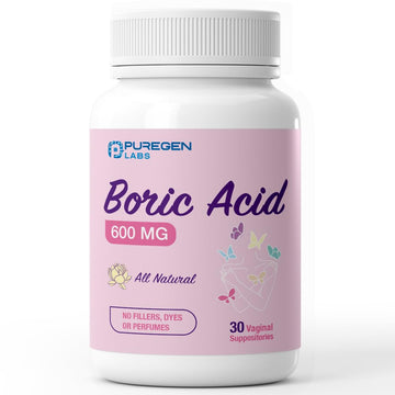 Puregen Labs Boric Acid 600 mg Vaginal Suppositories - 100% Pure | All Natural Without Dyes or Fillers | Made in USA - Supports Vaginal pH Balance and Odor Control (30 Count) P Puregen LabsUS supplements