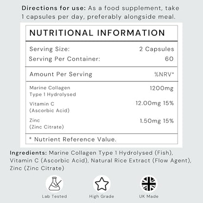 Marine Collagen Capsules 1200mg with VIT C (12mg) and Zinc (1.5mg) - Made in The UK Futuro LabsUS supplements