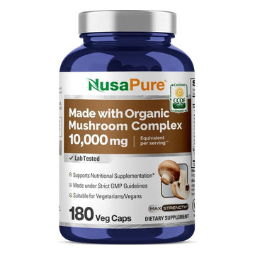 NusaPure Organic Mushroom Complex 10,000mg per Capsule, 180 Veggie Caps, Non-GMO, Enoki, Turkey Tail, Reishi, Chaga, Maitake NusaPureAu supplements