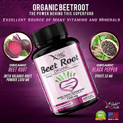 Organic Beet Root Powder 1350mg 200 Veggie caps Superfood Nitric Oxide Strongest X Gold HealthUS supplements