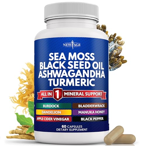 Silica Sea Moss 3000mg Black Seed Oil 2000mg Ashwagandha 1000mg Turmeric 1000mg NEW AGEUS supplements