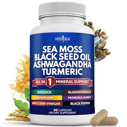 Silica Sea Moss 3000mg Black Seed Oil 2000mg Ashwagandha 1000mg Turmeric 1000mg NEW AGEUS supplements