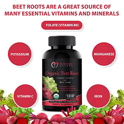 Organic Beet Root Powder 1350mg with Black Pepper-Nitric Oxide Booster, Digestive System Blossom NatureUS supplements