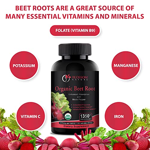 Organic Beet Root Powder 1350mg with Black Pepper-Nitric Oxide Booster, Digestive System Blossom NatureAu supplements