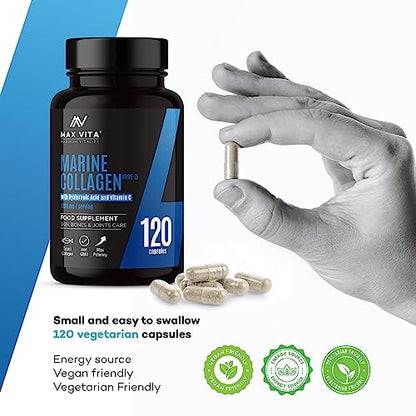 Marine Collagen Supplement 1200mg with Hyaluronic Acid & Vitamin C Hydrolysed Peptides Powder MAX VITA MAXIMUM VITALITYUS supplements